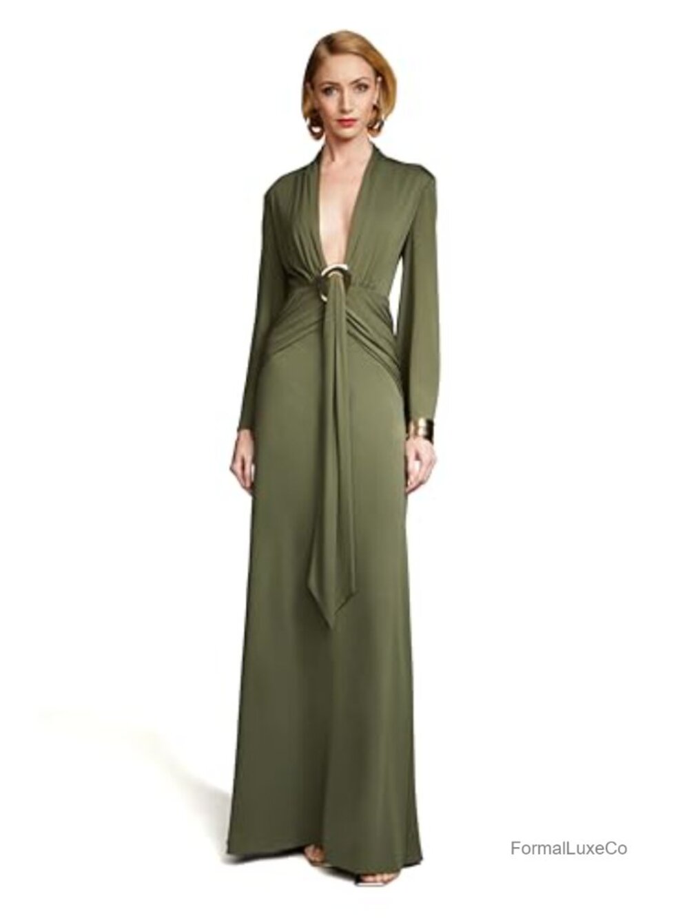 Formal Evening Gown Long Sleeve V-Neck A-Line Floor Length Jersey